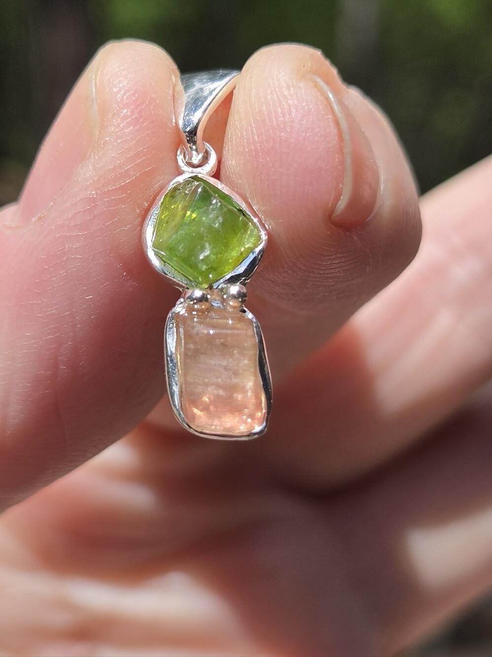 Tourmaline Green & Peach Natural Gemstone Sterling Pendant - Picture 6 of 6